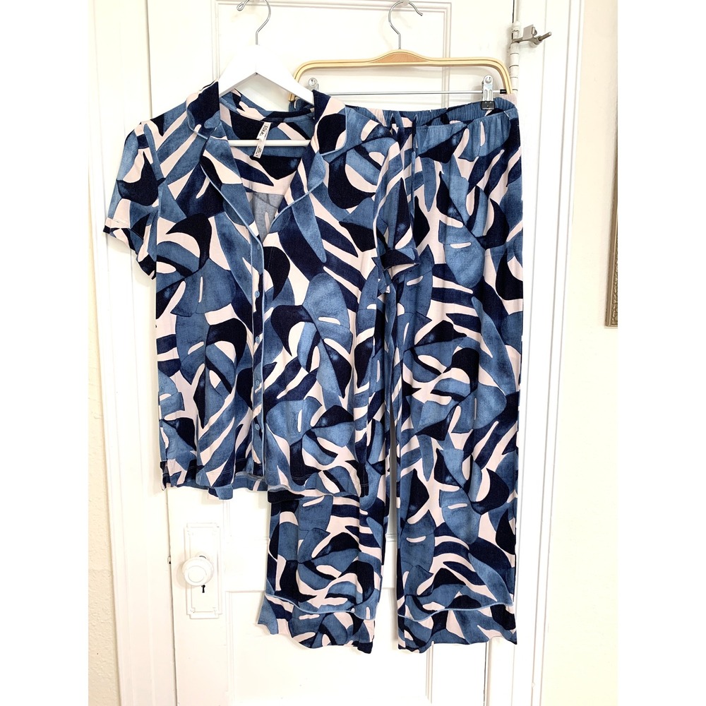 Soma Cool Nights Piped Short Sleeve Notch Collar Pajama Set Tropical Blue Size M - Picture 15 of 16